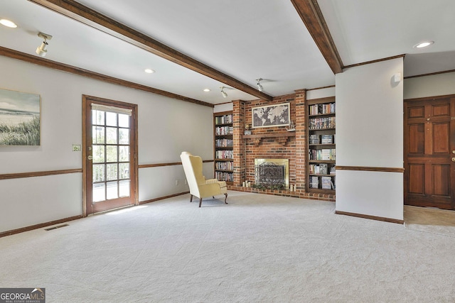 31 Festiva Dr, Newnan, GA 30263 - unfurnished room featuring beamed ceiling, carpet, visible vents, a brick fireplace, and baseboards