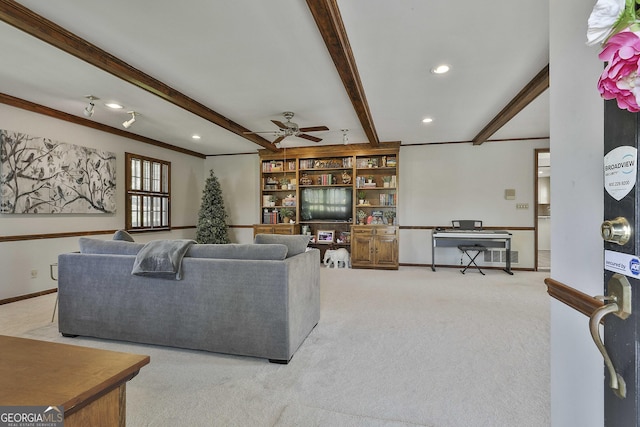 31 Festiva Dr, Newnan, GA 30263 - carpeted living area featuring recessed lighting, baseboards, a ceiling fan, and beam ceiling