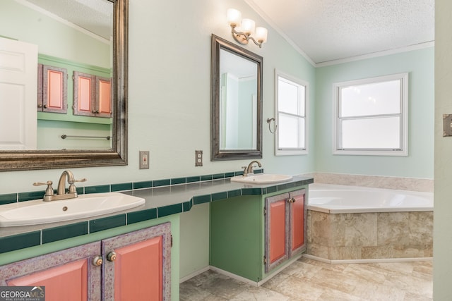 full bathroom with a garden tub, ornamental molding, a sink, and double vanity