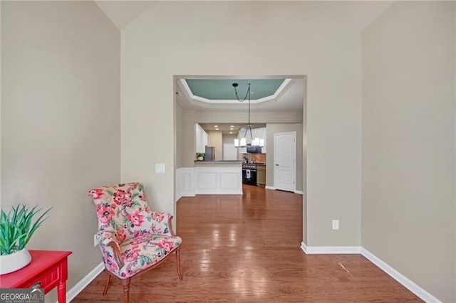206 Glens Loop, Woodstock, GA 30188 - living area with a raised ceiling, wood finished floors, and crown molding