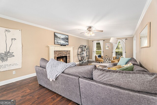 60 Bartlett Way, Dallas, GA 30157 - living room featuring ornamental molding, a fireplace, ceiling fan, dark wood-type flooring, and baseboards