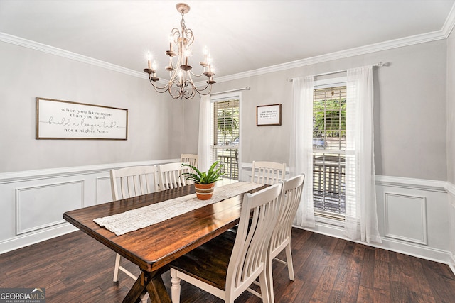 60 Bartlett Way, Dallas, GA 30157 - dining area featuring a chandelier, wood-type flooring, crown molding, a wainscoted wall, and a decorative wall