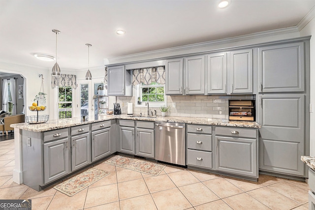 60 Bartlett Way, Dallas, GA 30157 - kitchen featuring gray cabinetry, stainless steel dishwasher, a peninsula, a sink, and crown molding
