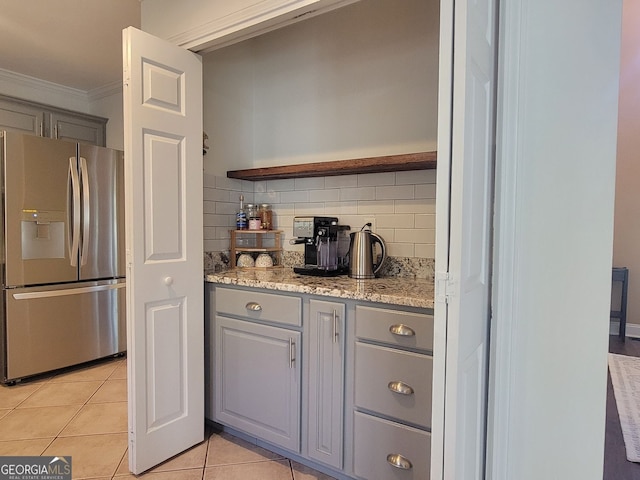 60 Bartlett Way, Dallas, GA 30157 - kitchen featuring stainless steel fridge with ice dispenser, gray cabinets, open shelves, ornamental molding, and tasteful backsplash