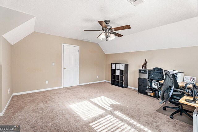 60 Bartlett Way, Dallas, GA 30157 - carpeted home office with ceiling fan, lofted ceiling, baseboards, and a textured ceiling