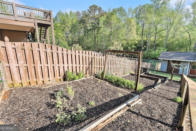 60 Bartlett Way, Dallas, GA 30157 - fenced backyard with a garden, a wooden deck, and stairs