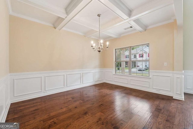 3892 Trillium Wood Trl, Snellville, GA 30039 - unfurnished dining area featuring coffered ceiling, a chandelier, beam ceiling, dark wood finished floors, and wainscoting