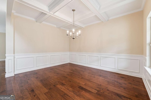 3892 Trillium Wood Trl, Snellville, GA 30039 - spare room with coffered ceiling, a chandelier, beam ceiling, dark wood-type flooring, and a wainscoted wall