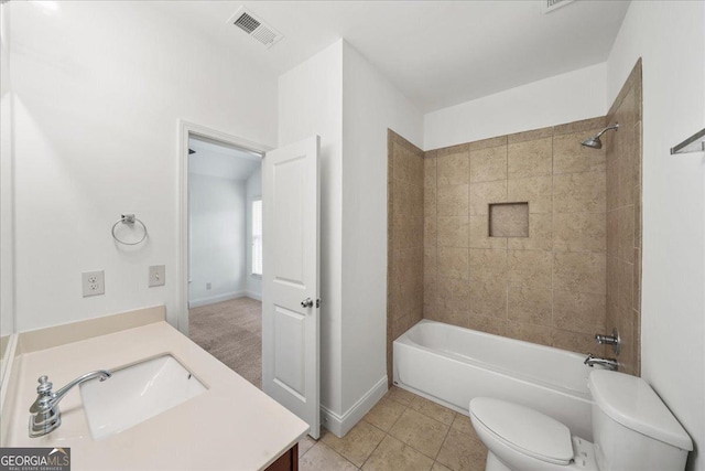 full bathroom with vanity, shower / washtub combination, toilet, tile patterned flooring, and visible vents