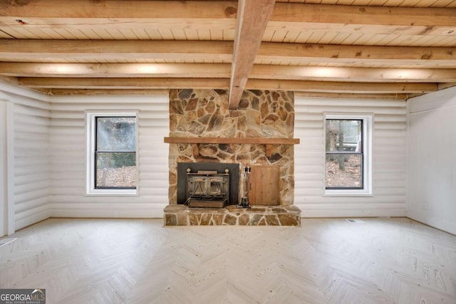 155 Indian Bend Dr, Lagrange, GA 30240 - unfurnished living room with rustic walls, beam ceiling, and wood ceiling