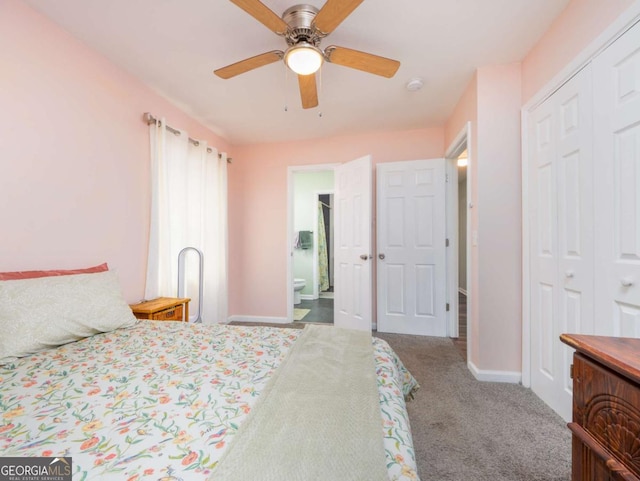 244 Sherwood Ln, Brunswick, GA 31525 - bedroom with carpet floors, a closet, ceiling fan, and ensuite bathroom