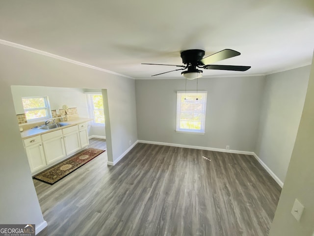interior space with baseboards, ornamental molding, a sink, and wood finished floors