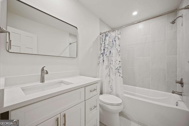 2433 Helmsdale Dr NE, Atlanta, GA 30345 - bathroom featuring recessed lighting, shower / bathtub combination with curtain, vanity, and toilet