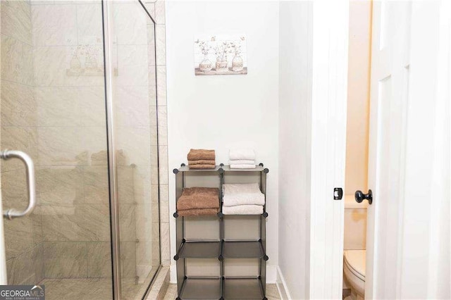 full bathroom with toilet and a stall shower