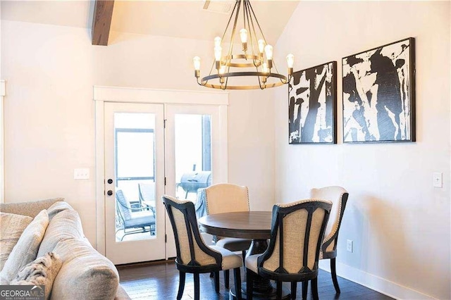 dining space with a chandelier, dark wood-type flooring, baseboards, and beam ceiling