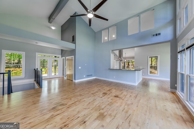 1762 Green Rd, Buford, GA 30518 - unfurnished living room featuring french doors, a ceiling fan, visible vents, beam ceiling, and wood finished floors