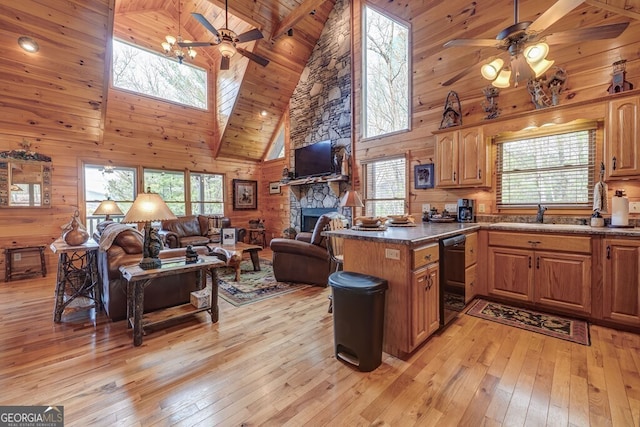 425 Rhonda Ln, Mineral Bluff, GA 30559 - kitchen with a ceiling fan, high vaulted ceiling, light wood-style flooring, dishwasher, and wooden walls