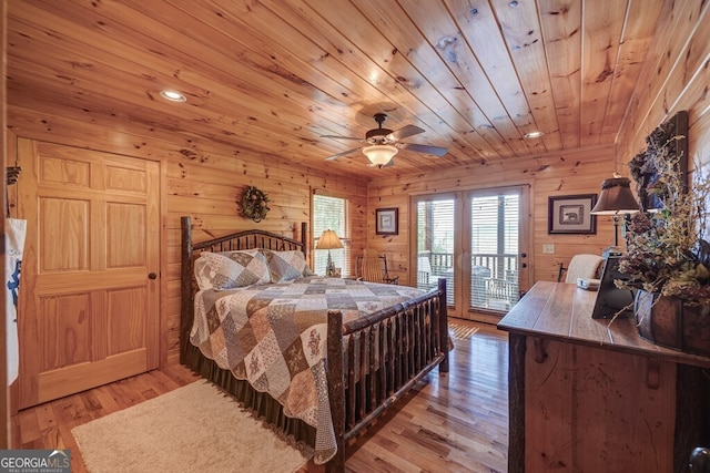 425 Rhonda Ln, Mineral Bluff, GA 30559 - bedroom featuring access to exterior, wooden walls, hardwood / wood-style flooring, wooden ceiling, and recessed lighting