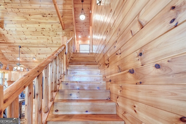 425 Rhonda Ln, Mineral Bluff, GA 30559 - stairs featuring wooden ceiling and wooden walls