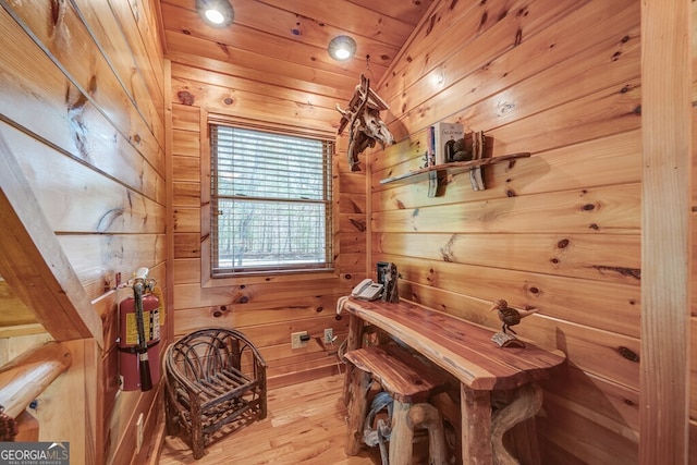 425 Rhonda Ln, Mineral Bluff, GA 30559 - dining area with wooden walls, light wood finished floors, a sauna, and recessed lighting