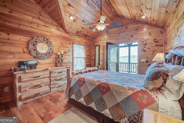 425 Rhonda Ln, Mineral Bluff, GA 30559 - bedroom featuring lofted ceiling, access to exterior, wood finished floors, wooden walls, and wood ceiling