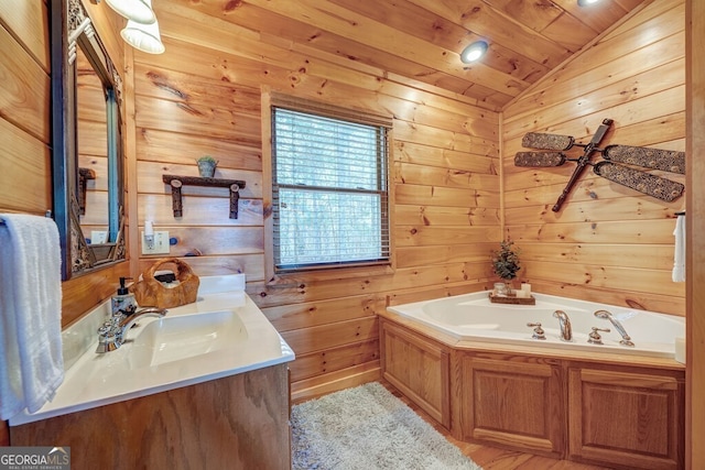 425 Rhonda Ln, Mineral Bluff, GA 30559 - full bathroom with vanity, a bath, wood ceiling, lofted ceiling, and wooden walls