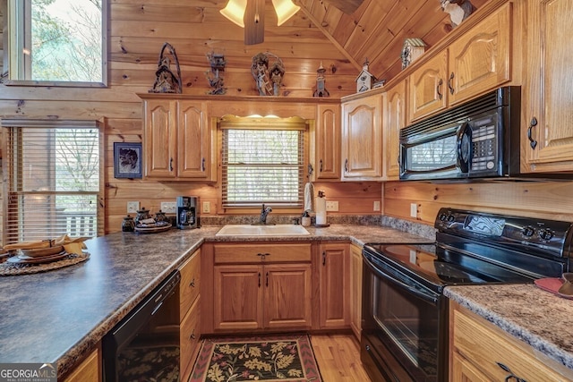 425 Rhonda Ln, Mineral Bluff, GA 30559 - kitchen with black appliances, a sink, wooden walls, wood ceiling, and light wood finished floors