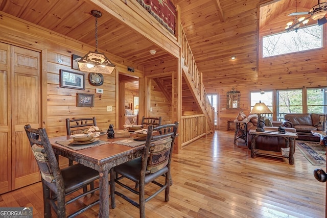 425 Rhonda Ln, Mineral Bluff, GA 30559 - dining space featuring wood walls, light wood-type flooring, wooden ceiling, and stairs