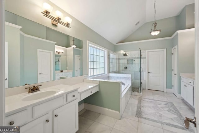 5615 Toccoa Dr, Douglasville, GA 30135 - bathroom with visible vents, a bath, vanity, a stall shower, and lofted ceiling