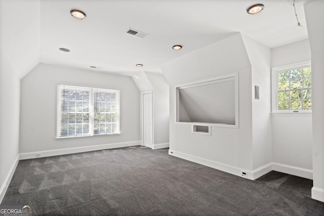 additional living space with dark carpet, baseboards, lofted ceiling, and a wealth of natural light
