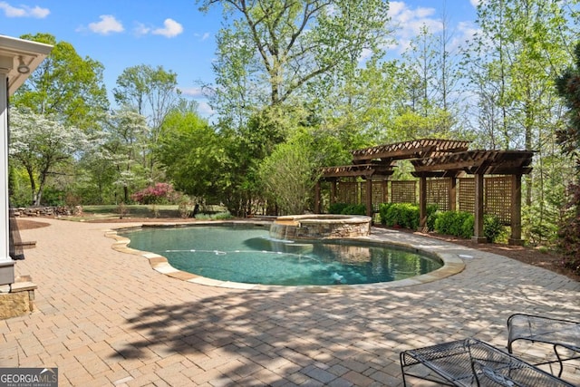 view of swimming pool with a patio area, a pool with connected hot tub, and a pergola