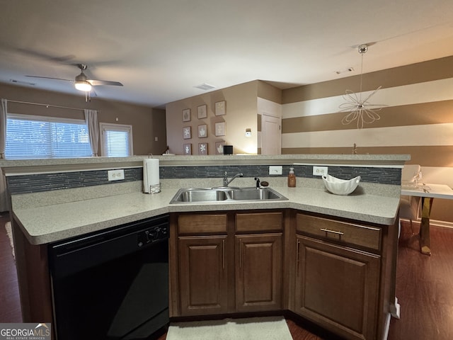 3627 Mcclaren Way, Lawrenceville, GA 30044 - kitchen with light countertops, black dishwasher, visible vents, ceiling fan, and a sink