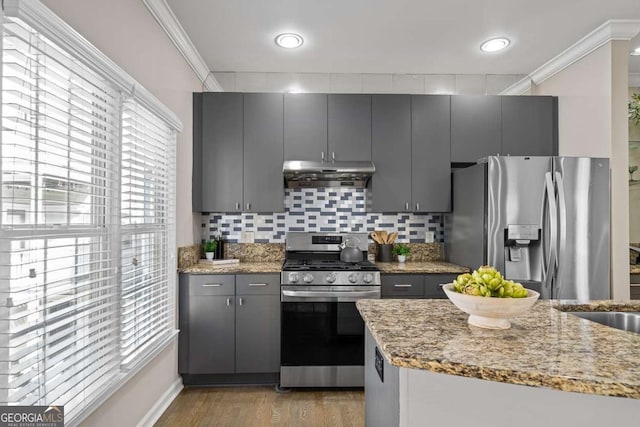 kitchen featuring tasteful backsplash, appliances with stainless steel finishes, under cabinet range hood, crown molding, and gray cabinetry