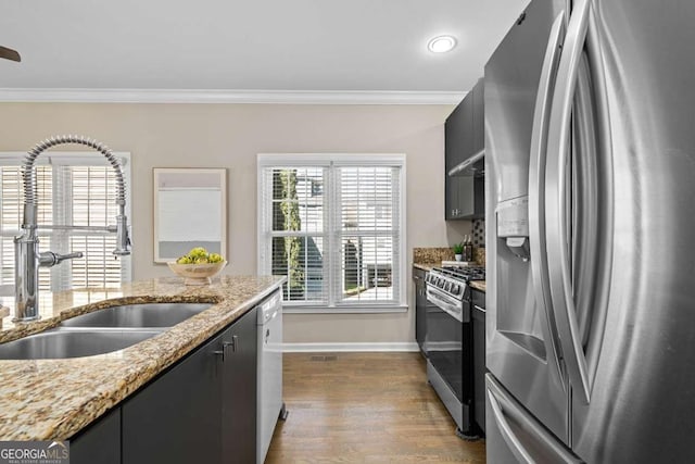 kitchen with dark wood-type flooring, crown molding, a sink, and stainless steel appliances