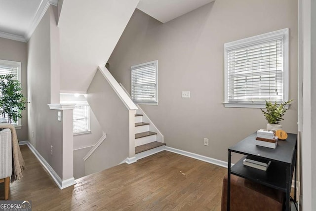 entrance foyer with crown molding, baseboards, and wood finished floors