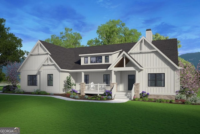 modern inspired farmhouse featuring roof with shingles, board and batten siding, a front lawn, and a chimney
