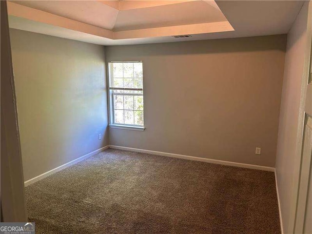spare room featuring baseboards, a raised ceiling, and carpet floors