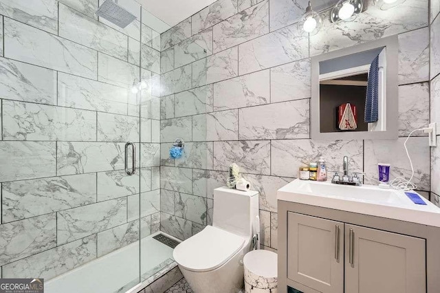 full bath with toilet, a stall shower, and vanity
