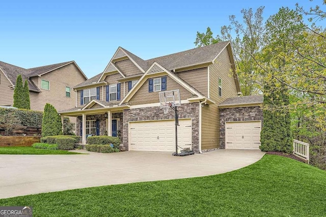 craftsman inspired home with a shingled roof, an attached garage, stone siding, a front lawn, and driveway