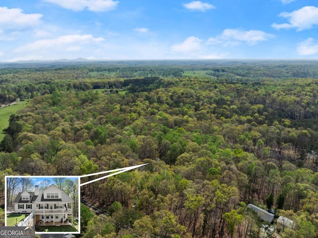 aerial view of property and surrounding area with a heavily wooded area