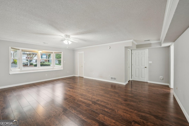 empty room with crown molding, a textured ceiling, a ceiling fan, visible vents, and dark wood-style floors