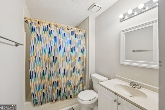 full bathroom featuring visible vents, shower / bath combination with curtain, toilet, a textured ceiling, and vanity