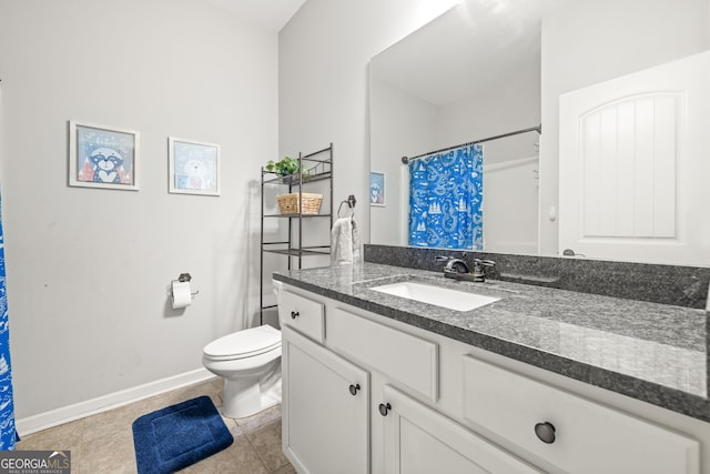 bathroom featuring vanity, a shower with curtain, tile patterned flooring, toilet, and baseboards