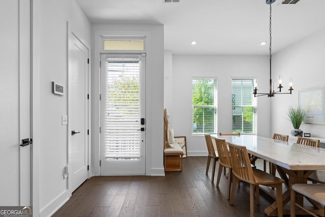 2614 Talley St, Decatur, GA 30030 - dining room with baseboards, recessed lighting, dark wood-style floors, visible vents, and a notable chandelier