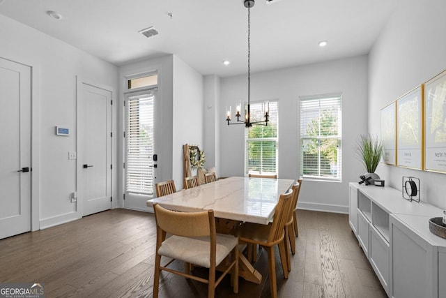 2614 Talley St, Decatur, GA 30030 - dining room with visible vents, baseboards, an inviting chandelier, recessed lighting, and dark wood-type flooring