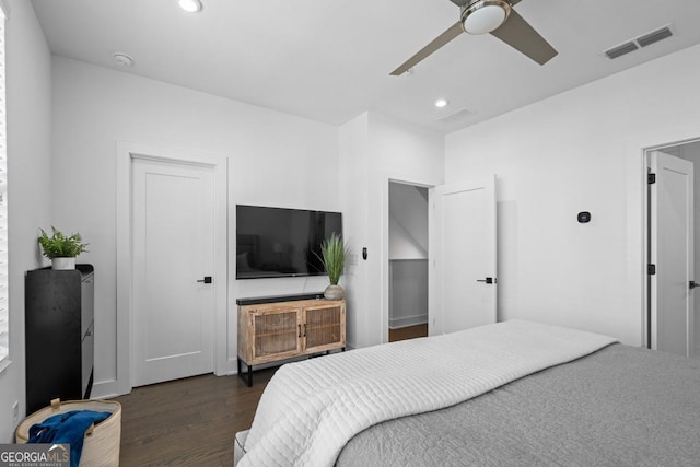 2614 Talley St, Decatur, GA 30030 - bedroom with dark wood-style floors, recessed lighting, visible vents, and a ceiling fan