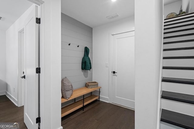 2614 Talley St, Decatur, GA 30030 - mudroom featuring dark wood-style flooring, visible vents, and baseboards