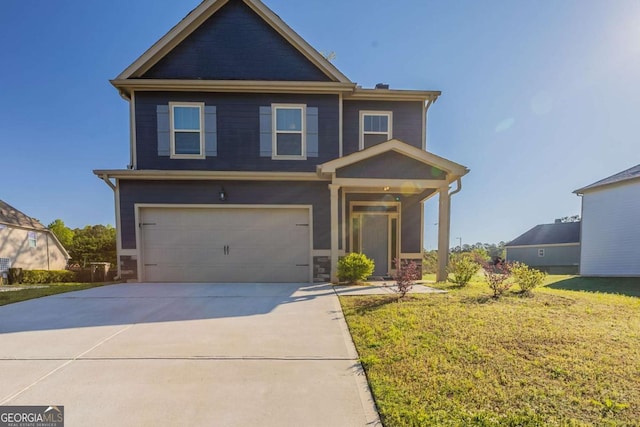 417 Flowery Branch Ct, Villa Rica, GA 30180 - craftsman-style house featuring a garage, a front yard, stone siding, and concrete driveway