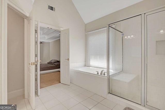 5177 Cabot Creek Dr, Buford, GA 30518 - full bathroom with a garden tub, tile patterned flooring, ensuite bathroom, lofted ceiling, and a stall shower