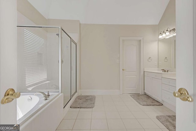 5177 Cabot Creek Dr, Buford, GA 30518 - bathroom featuring a shower stall, a garden tub, vanity, and tile patterned flooring